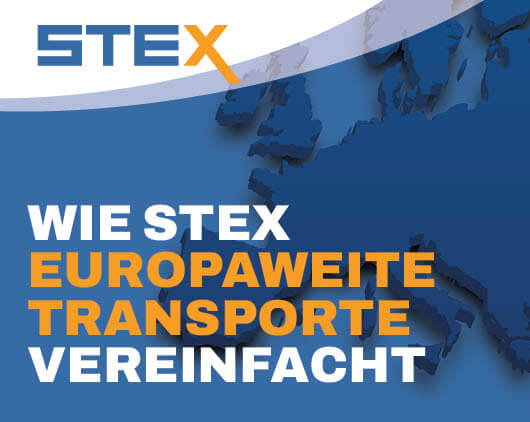 Grafik mit dem STEX-Logo und der Überschrift ‚Wie STEX europaweite Transporte vereinfacht‘, vor stilisierter Europakarte im Hintergrund.