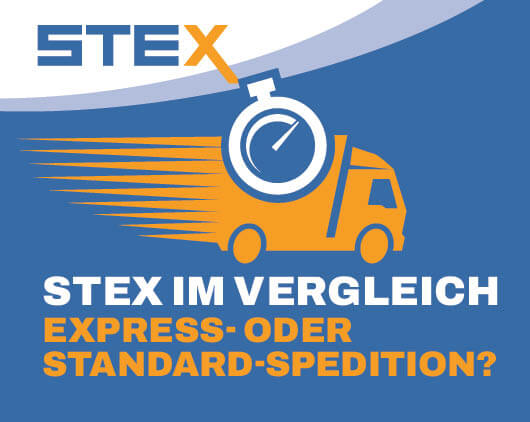 Grafik mit einem stilisierten LKW und Stoppuhr, daneben der Schriftzug: „STEX im Vergleich – Express- oder Standard-Spedition?“ auf blauem Hintergrund. Die Darstellung betont Schnelligkeit und den Unterschied zwischen Express- und Standardversand.