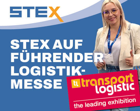 STEX auf der Transport Logistic 2025 – STEX-Mitarbeiterin auf der Messe, offizielles Logo der Messe im Bild.