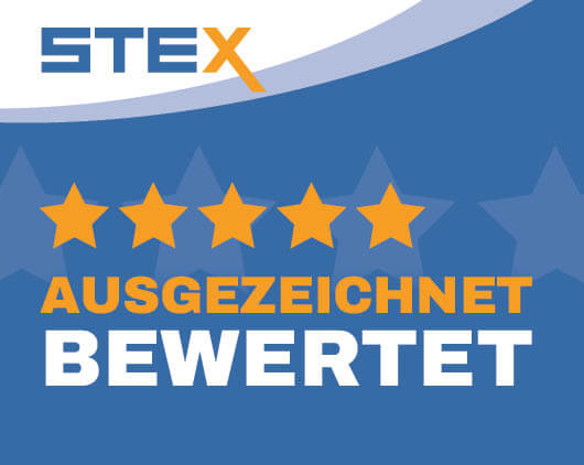 ALT-Beschreibung: Grafik mit dem STEX-Logo, fünf orangefarbenen Sternen und dem Schriftzug „Ausgezeichnet bewertet“ auf blauem Hintergrund – Hinweis auf die hohe Kundenzufriedenheit bei STEX.