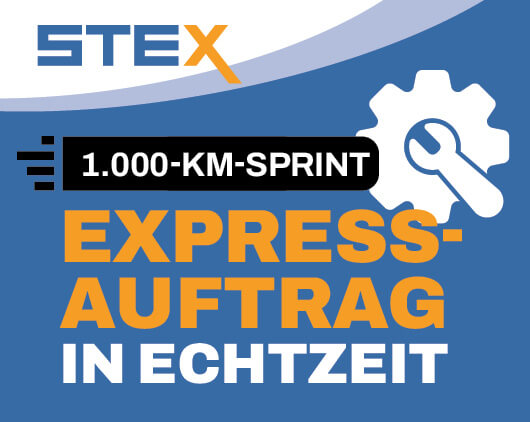 Grafik mit STEX-Logo und dem Schriftzug „1.000-km-Sprint – Expressauftrag in Echtzeit“, ergänzt durch ein Zahnrad-Symbol, sinnbildlich für schnelle und präzise Transportlösungen.