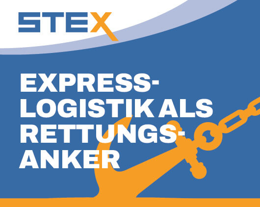 Grafik mit STEX-Logo, einem stilisierten Anker mit Kette und dem Schriftzug ‚Expresslogistik als Rettungsanker‘