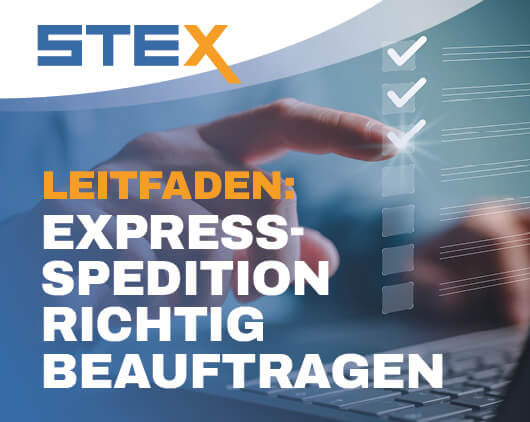 Leitfaden zur Beauftragung einer Express-Spedition – Finger tippt auf digitale Checkliste, daneben STEX-Logo.
