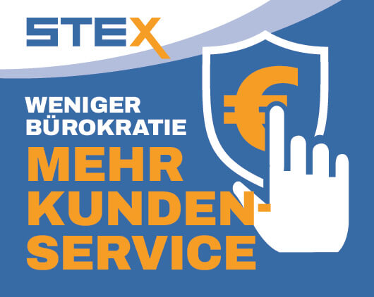 Grafik mit STEX-Logo und dem Slogan „Weniger Bürokratie – mehr Kundenservice“, symbolisiert durch eine Hand, die auf ein Schild mit Euro-Zeichen zeigt.