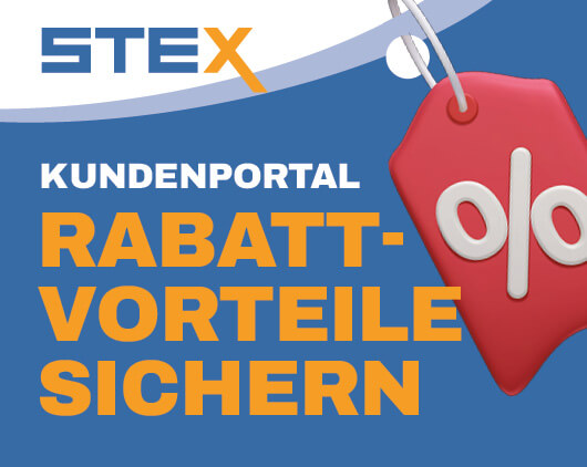 Kundenportal Rabattvorteile sichern als Schriftzug, daneben eine Abbildung eines Prozentzeichens und oben drüber das STEX Logo.