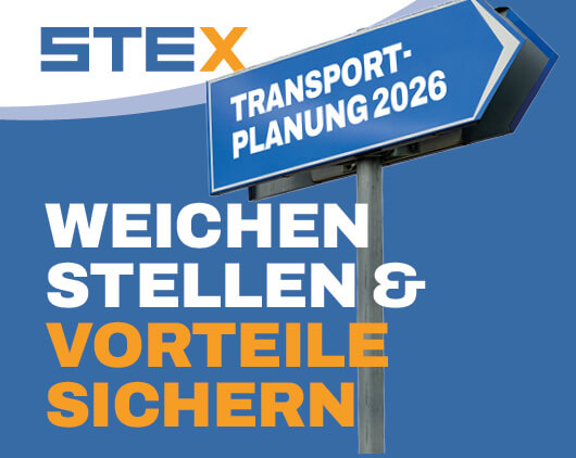Grafik mit einem blauen Wegweiser zur Transportplanung 2026 und dem STEX Schriftzug. Darunter steht der Text Weichen stellen und Vorteile sichern.