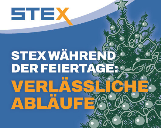STEX Titelgrafik zum Blogartikel „STEX während der Feiertage: Verlässliche Abläufe“ mit stilisiertem Weihnachtsbaum, STEX Logo und weihnachtlicher Gestaltung in Blau und Grün.