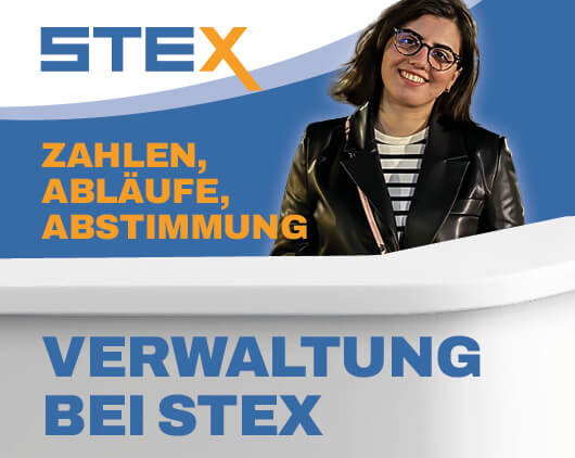 Mitarbeiterporträt aus der Verwaltung bei STEX mit dem Titel „Zahlen, Abläufe, Abstimmung – Verwaltung bei STEX“ auf blau weißem Hintergrund und STEX Logo.