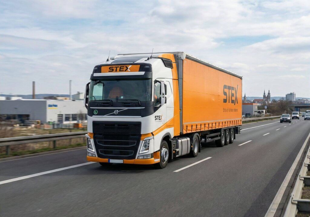 STEX LKW vor der Silhouette von Halle (Saale) mit Marktkirche und Rotem Turm bei einer Express-Direktfahrt.