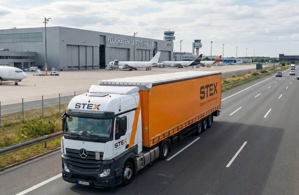 STEX LKW vor dem Flughafen Leipzig Halle bei einer Express-Direktfahrt.