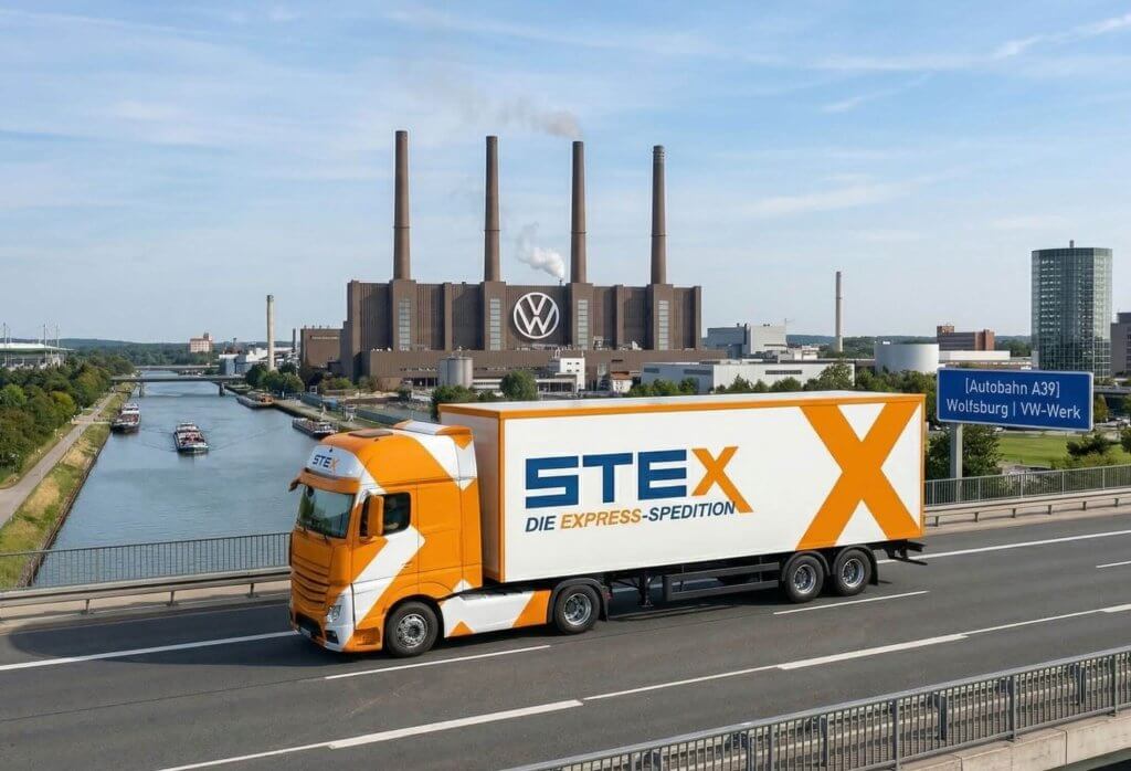 STEX Spedition Wolfsburg Express LKW auf dem Weg zum Kunden in einem modernen Industriegebiet