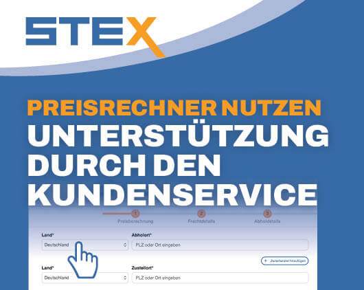 STEX Bloggrafik mit der Überschrift „Preisrechner nutzen – Unterstützung durch den Kundenservice“ und Screenshot des STEX Preisrechners mit Eingabefeldern für Land, Abholort und Zustellort