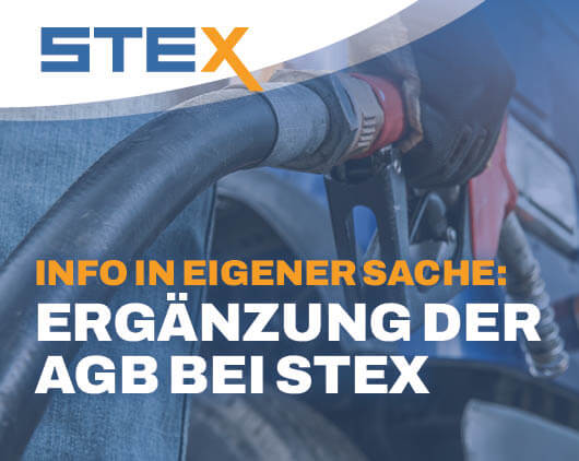 STEX Grafik mit Zapfpistole an einem Fahrzeugtank und dem Hinweis „Info in eigener Sache: Ergänzung der AGB bei STEX