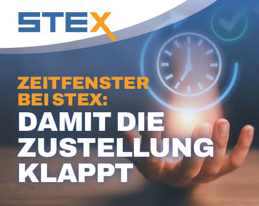 STEX Grafik mit Uhrsymbol und Text zum Zeitfenster bei der Zustellung