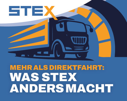 Stilisierter STEX-LKW vor einem Tunnel mit dem Schriftzug „Mehr als Direktfahrt: Was STEX anders macht“.