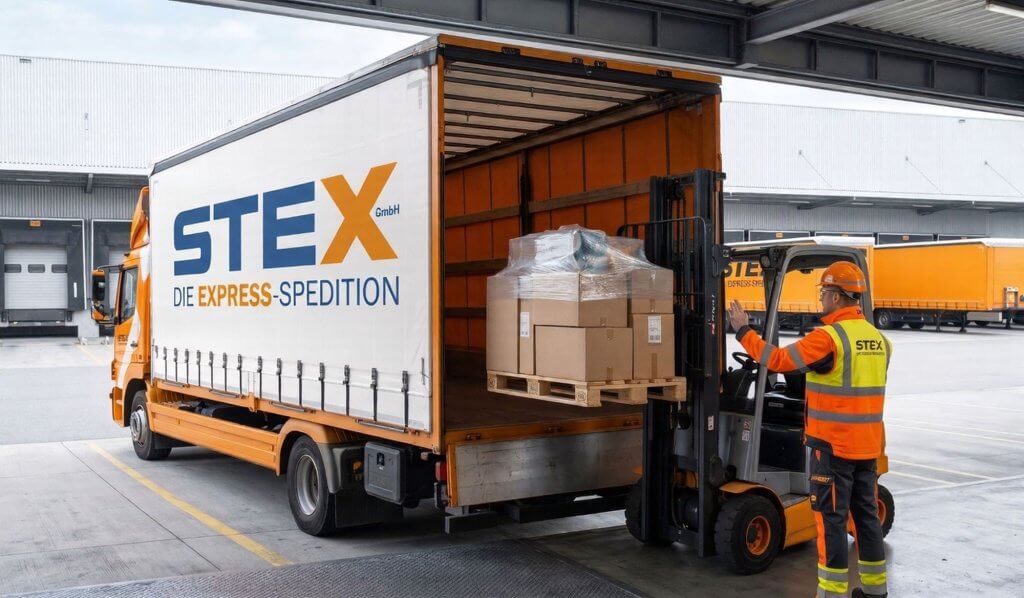 Gabelstapler hebt eine Palette in einen orangefarbenen STEX-Planen-LKW, daneben ein Mitarbeiter der Express-Spedition