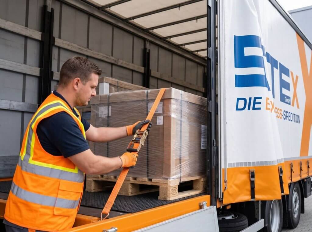 Mitarbeiter der STEX Express-Spedition sichert Palettenladung mit Zurrgurten und Antirutschmatten auf einem orangefarbenen Planen-LKW