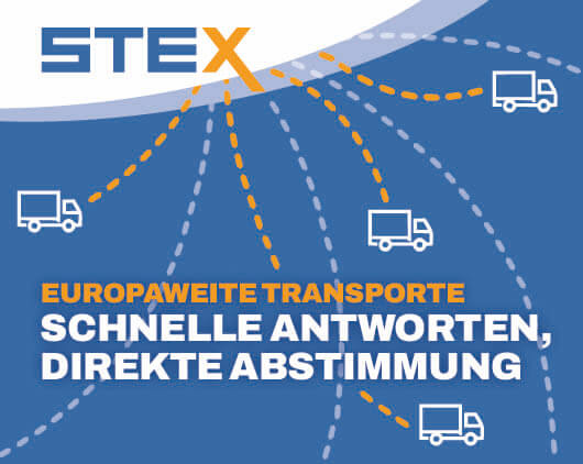 STEX-Grafik zu europaweiten Transporten mit stilisierten Fahrtrouten und Fahrzeugen sowie der Aussage „Schnelle Antworten, direkte Abstimmung“.