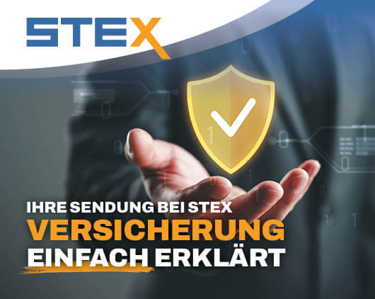 Grafik mit einer schützenden Hand und einem goldenen Schutzschild als Symbol für die Transportversicherung bei STEX. Thema: Versicherung einfach erklärt.