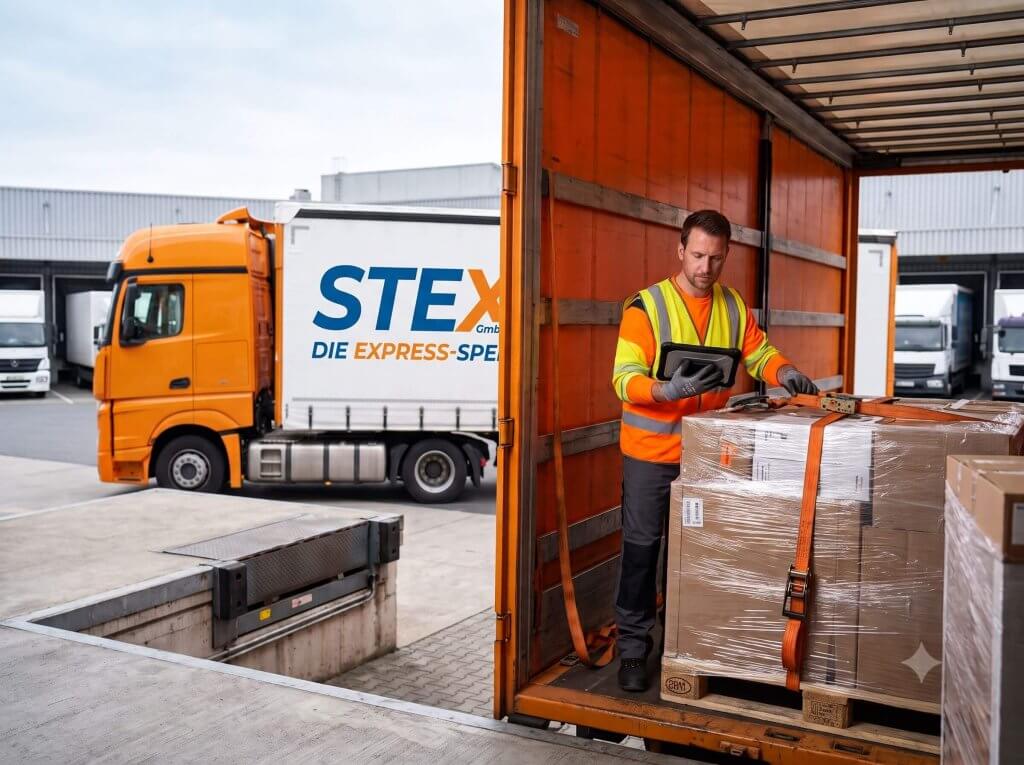 Mitarbeiter einer Express-Spedition sichert Palettenladung an einem orangefarbenen STEX-Planen-LKW und beugt so Transportschäden vor