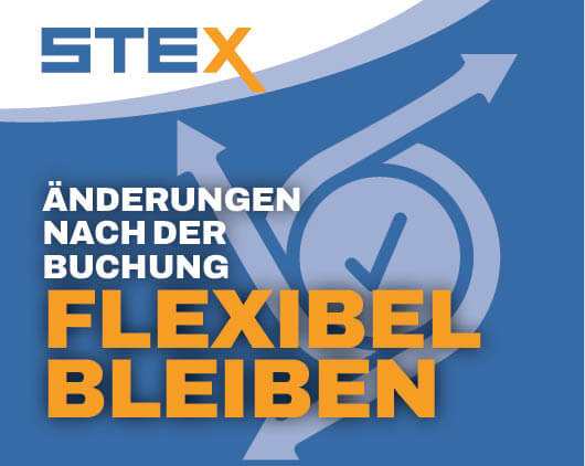 STEX-Grafik zum Thema Änderungen nach der Buchung mit Richtungspfeilen und dem Schriftzug „Änderungen nach der Buchung – flexibel bleiben“.