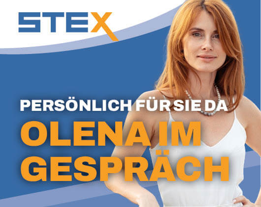 STEX-Grafik mit Porträt einer Frau und dem Schriftzug „Persönlich für Sie da: Olena im Gespräch“