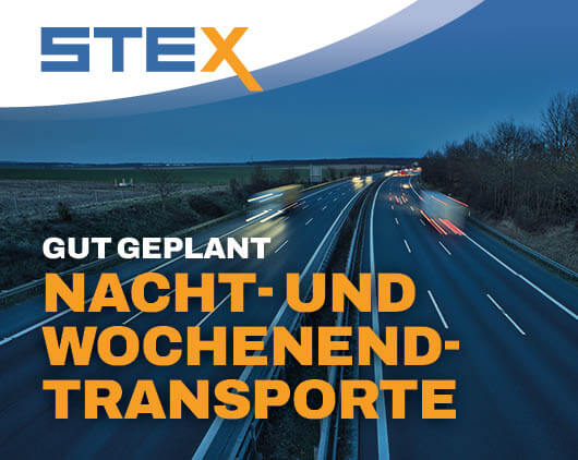 **ALT-Text:** STEX Nacht- und Wochenendtransporte auf einer Autobahn bei Dunkelheit, gut geplant für zeitkritische Direkttransporte.